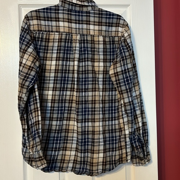 St. John’s bay brown cream a& blue stripe plaid flannel button down shirt size m - Picture 2 of 6